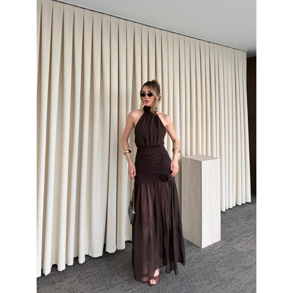 Laluvia Kahverengi Gül Detaylı Şifon Elbise - 2485 Giyim & İç Giyim Fiyatı