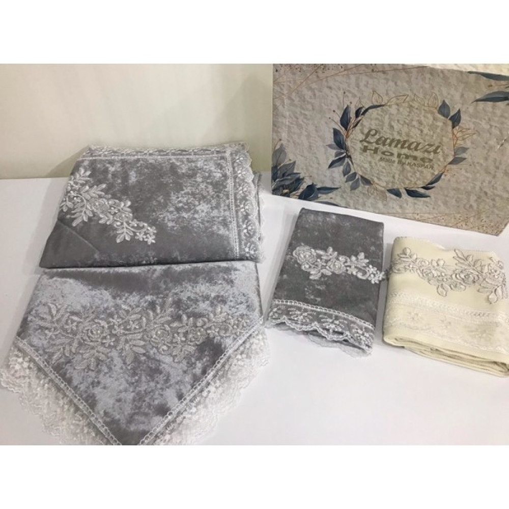 Lamazi Home Lamazihome 4 Parça Gri Kadife Seccade Seti Seccade Takımı - 70 x 120 cm Seccade Fiyatı