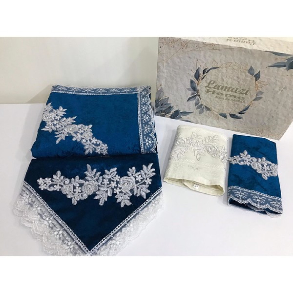 Lamazi Home Lamazihome 4 Parça Petrol Mavi Kadife Seccade Seti Seccade Takımı - 70 x 120 cm Seccade Fiyatı