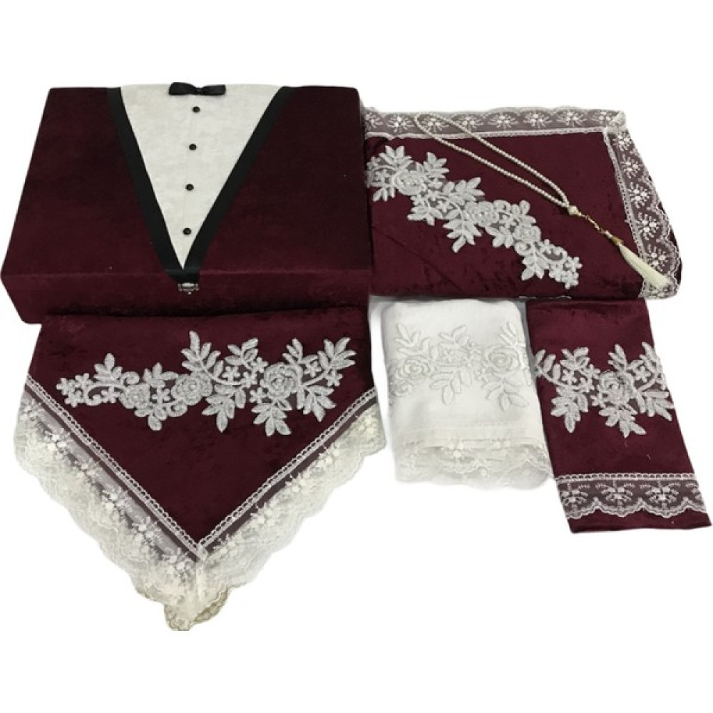 Lamazi Home Lamazihome Damat Figürlü Sandıklı Seccade Seti Bohça Takımı 6 Parça - 70 x 120 cm - Bordo Seccade Fiyatı