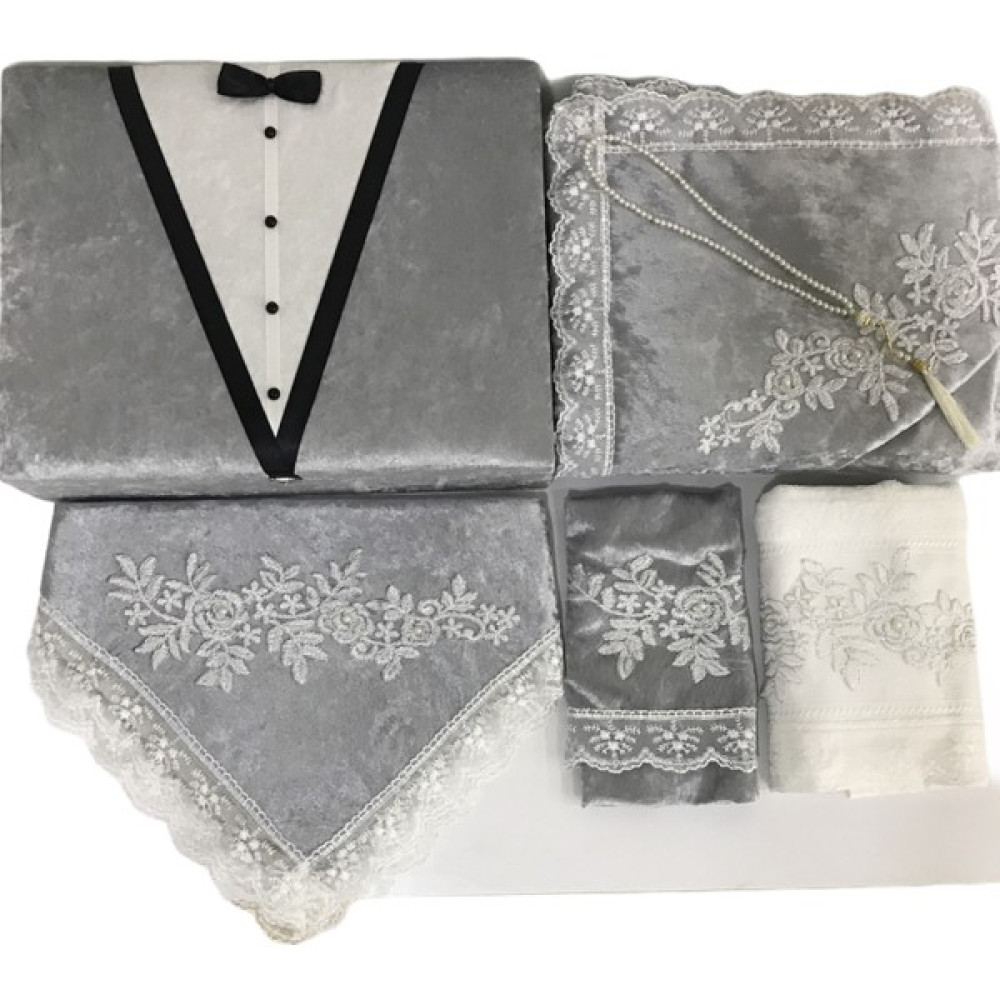 Lamazi Home Lamazihome Damat Figürlü Sandıklı Seccade Seti Bohça Takımı 6 Parça - 70 x 120 cm - Gri Seccade Fiyatı