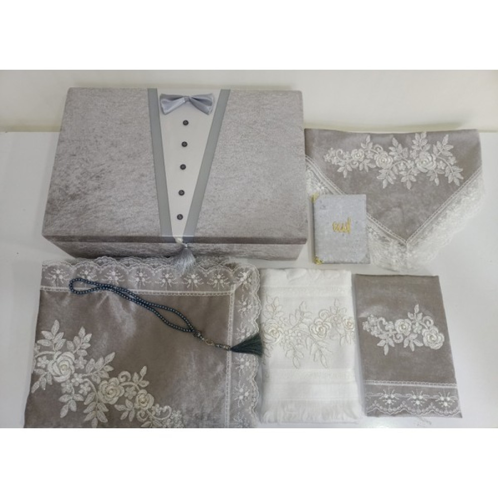Lamazi Home Lamazihome Kadife 7 Parça Gri Damat Fransız Güpür Sandıklı Seccade Takımı Bohça Seti - 70 x 120 cm Seccade Fiyatı