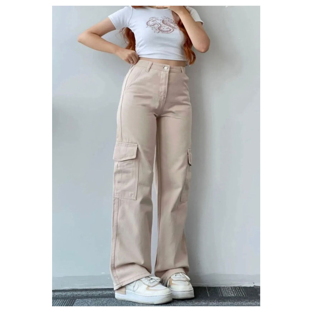 LAMİRAMOOD Bej Kargo Cep Pantolon Wide Leg Poseidon 29 Beden Kadın Pantolon Fiyatı