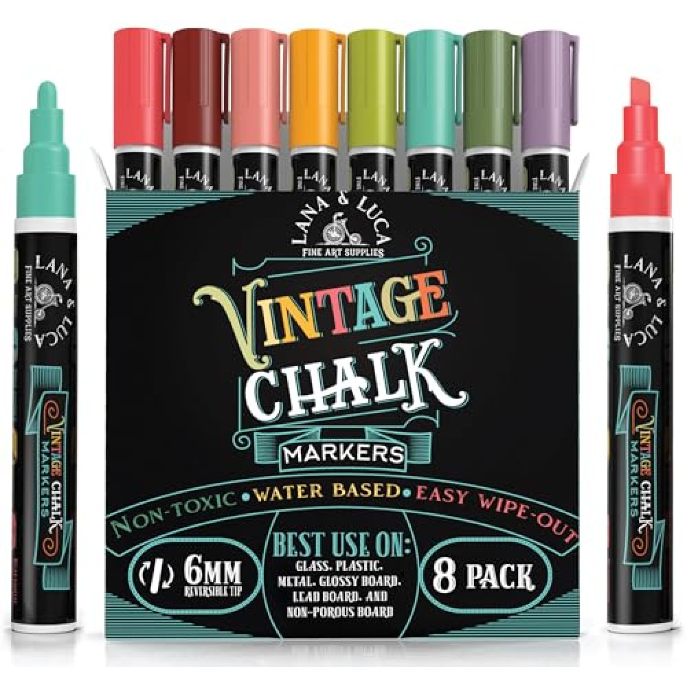 LANA & LUCA Liquid Chalk Markers - Wet Erase Marker Pens - for Chalkboards Signs, Windows, Blackboard, Glass - 6mm Reversible Tip (8 Pack) - Vintage Colors Multicolor Chalk Fiyatı