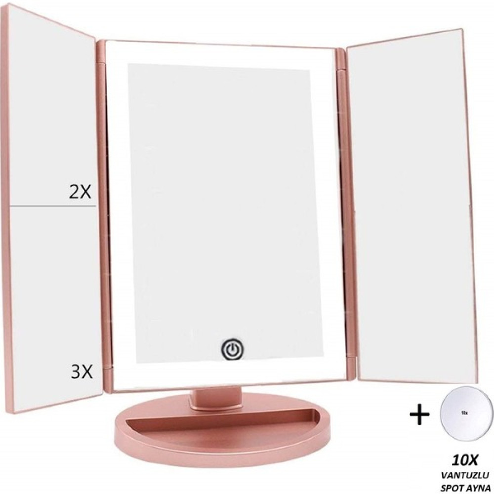 Land Of Myth - 1X-2X-3X-10X Büyütmeli 37 LED Işıklı Makyaj Aynası, 3 Panel, Katlanabilir, Dokunmatik Sensörlü - Rose Gold Ayna Fiyatı