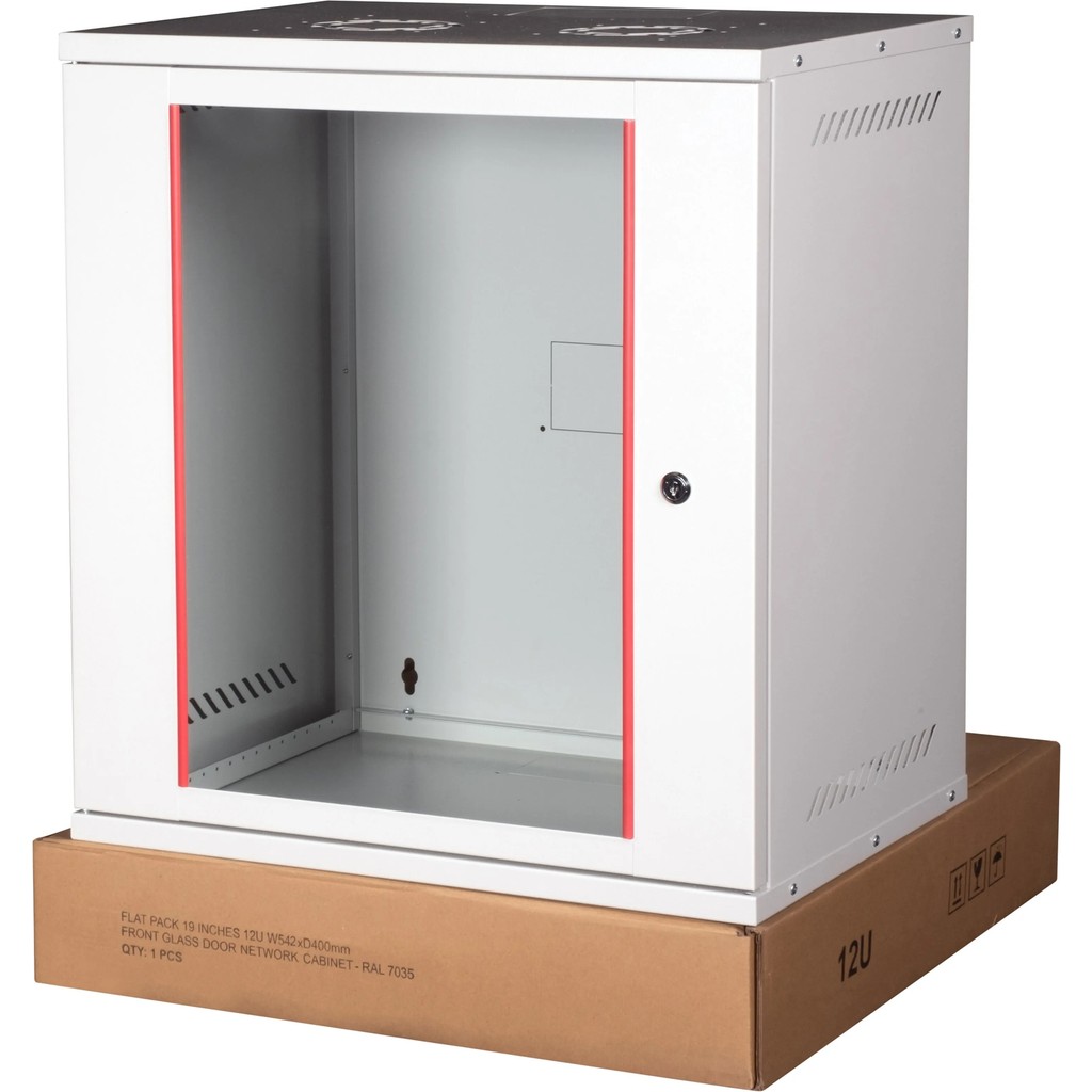 LANDE - 12U 19" Cam Kapaklı Duvar Tipi Rack Kabinet – Genişlik: 544 mm | Derinlik: 400 mm – Açık Gri (Demonte) Kabinet Fiyatı
