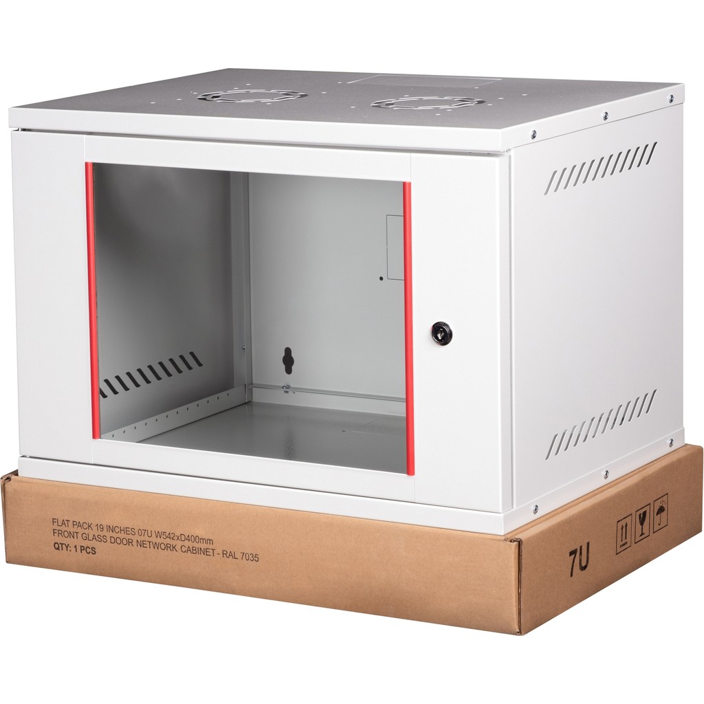 Lande - 7u 19" Cam Kapaklı Duvar Tipi Rack Kabinet – Genişlik: 544 mm | Derinlik: 400 mm – Açık Gri (Demonte) Kabinet Fiyatı