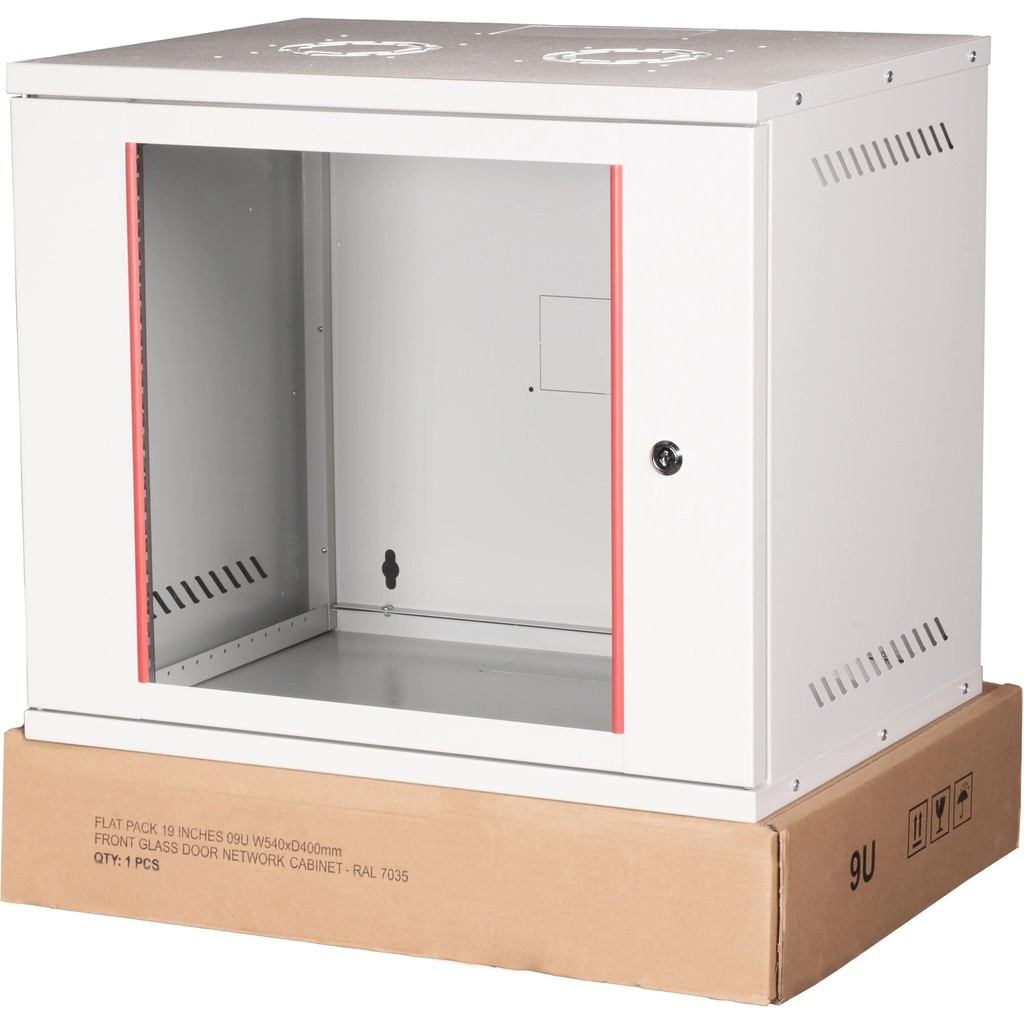 Lande - 9u 19" Cam Kapaklı Duvar Tipi Rack Kabinet – Genişlik: 544 mm | Derinlik: 400 mm – Açık Gri (Demonte) Kabinet Fiyatı