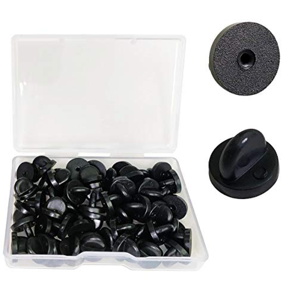 Lapel Pin Backings - Butterfly Clutch Pin Backs in PVC Rubber for Uniform Badge Replacement (Black, Pack of 50)