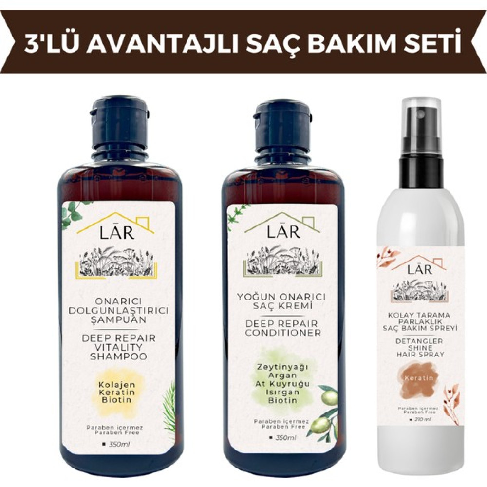 Lar Herbal Paraben İçermeyen Keratin, Kolajen ve Biotin İçeren Onarıcı Dolgunlaştırıcı Şampuan(350ml)&Onarıcı Saç Bakım Kremi(350 ml)&Kolay Tarama ... Şampuan ve Saç Kremi Fiyatı