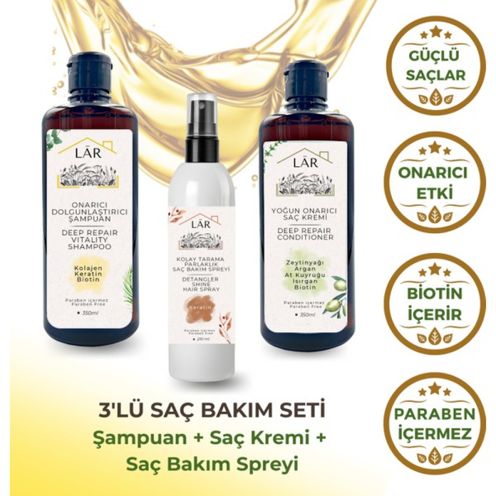 Lar Herbal Paraben İçermeyen Keratin, Kolajen ve Biotin İçeren Onarıcı Dolgunlaştırıcı Şampuan(350ml)&Onarıcı Saç Bakım Kremi(350 ml)&Kolay Tarama Spreyi(210ml) 3lü Saç Bakım Seti Oto Boyaları Fiyatı