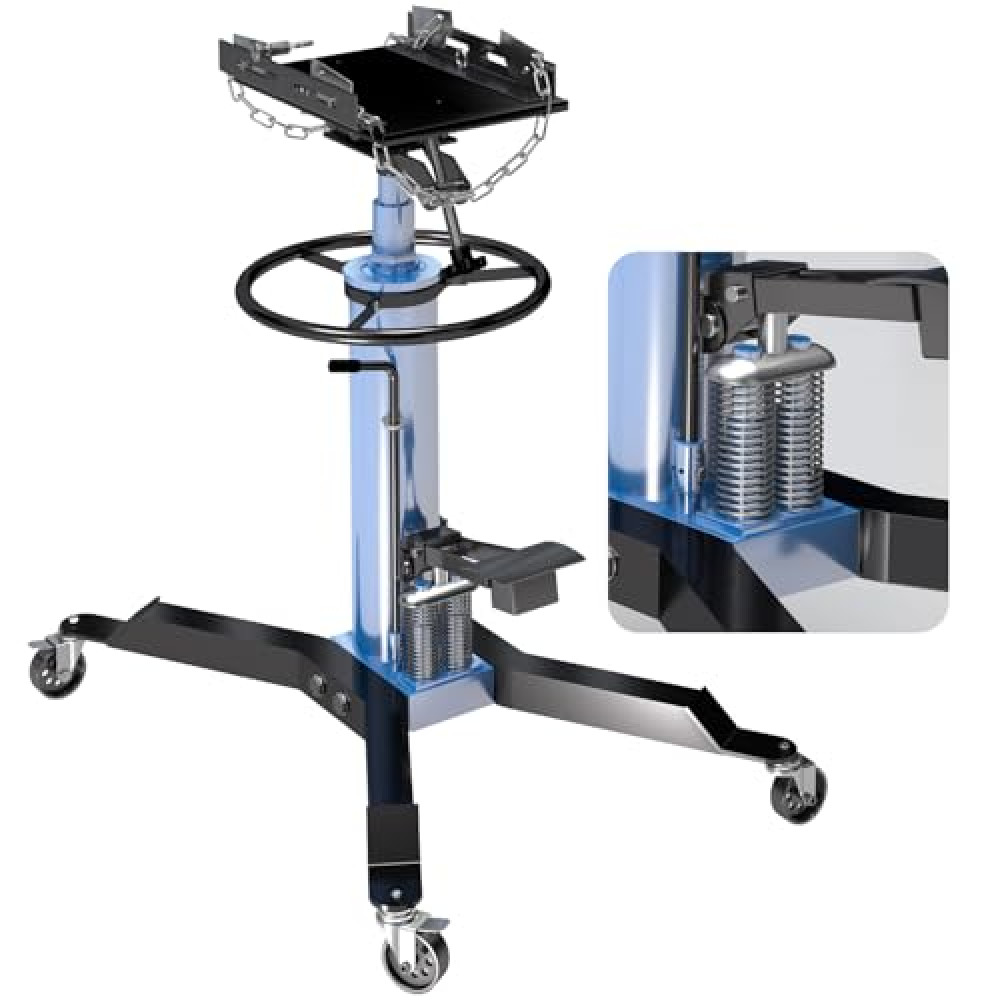 LARBANKE Hydraulic Transmission Jack with 2 Stage Hydraulic Ram,1322lbs Capacity with Foot Pedal,33.4"-68.8" High Lift,2-Stage Hydraulic Lift Telescoping Transmission Jack,360° Swivel Wheel,Blue