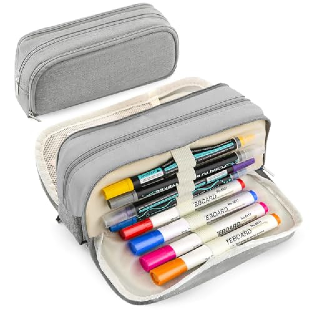 Large Capacity Pencil Case Pencil Pouch Pen Bag with 3 Compartment Stationery Organizer with Zipper, School Supplies Organizer for Teen Adults (Grey)