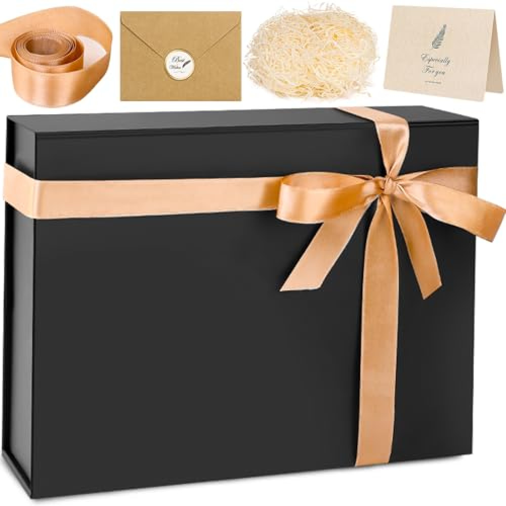 Large Gift Box, 13"x10"x5" Easter Birthday Gift Boxes for Presents, Mother's Day Basket Essentials, Black boxes with Magnetic Lids, Ribbon, Candy Chocolate Cookie Groomsman Proposal Basket for Wedding