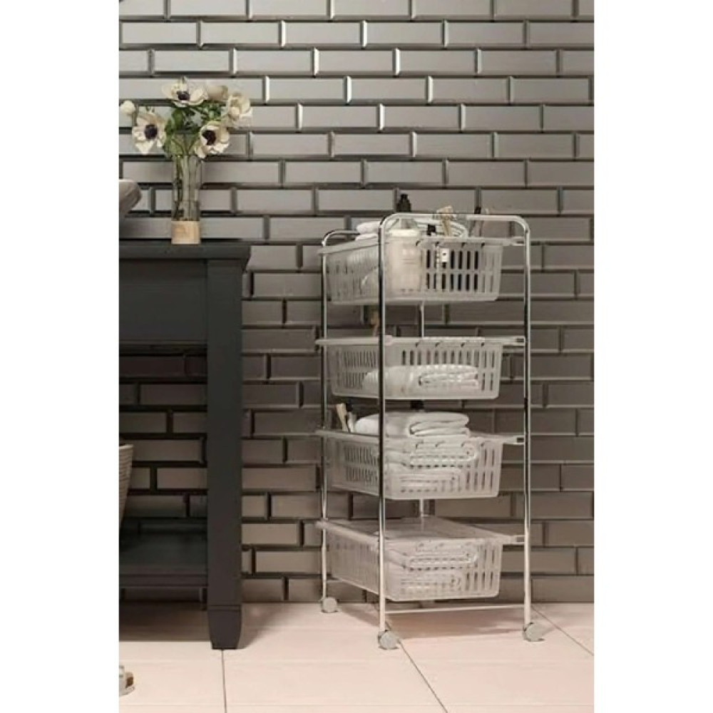 Larinhome 4 Katlı Metal Beyaz Sebzelik, Plastik Raf, Banyo ve Mutfak Rafı, 82X36X47 Boyutlarında, Tekerlekli Saklama Kapları Fiyatı