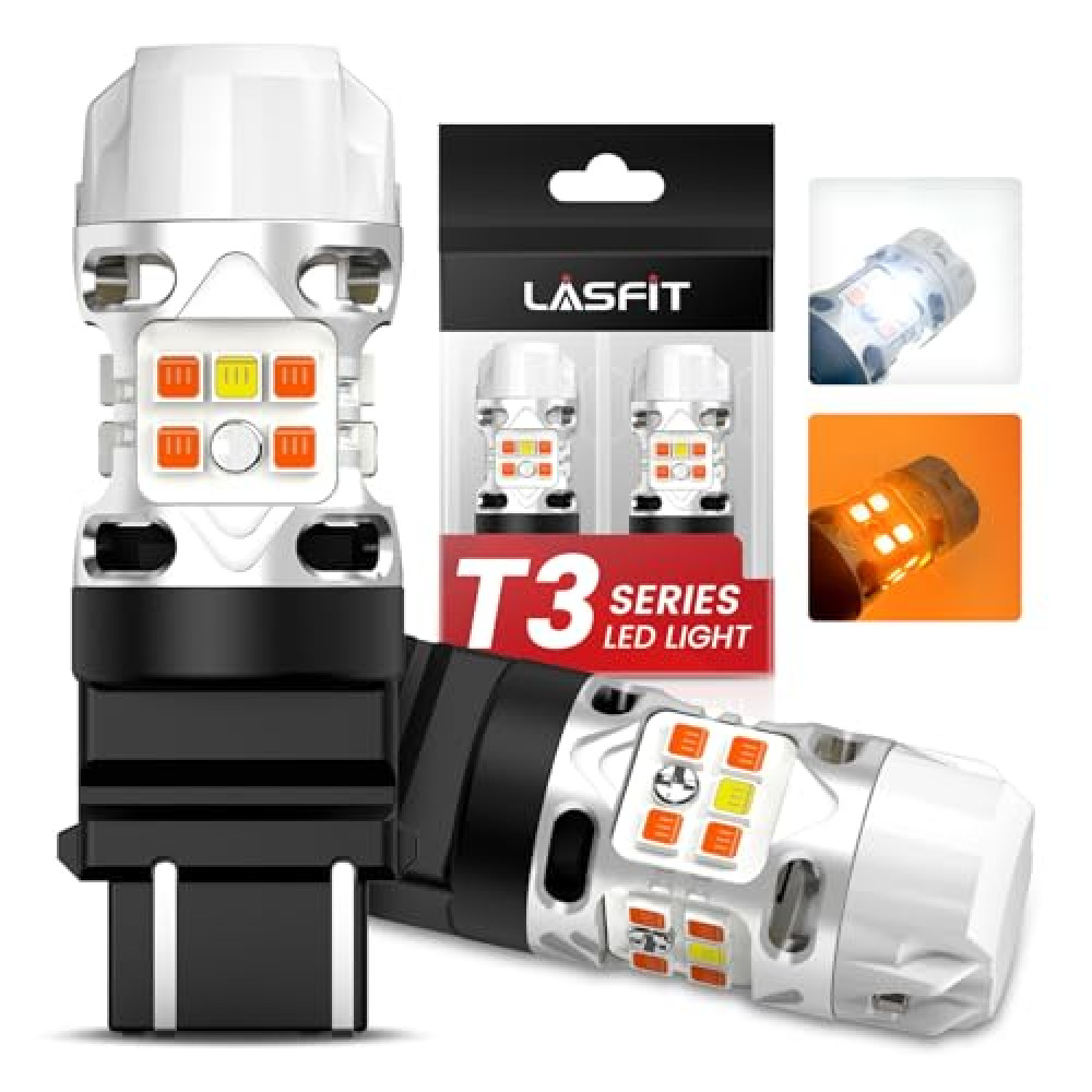 LASFIT 3157 Switchback LED Bulb, T3 3057 4157 Front Turn Signal Bulb, 3457 Built-in Resistor Anti Hyper Flash, Super Bright Amber for Turn Signal Blinker,White for DRL, Only for Standard Socket, 2Pcs
