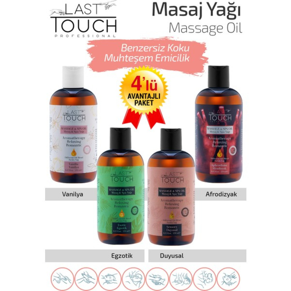 Last Touch Masaj Yağı Aromaterapi 4'Lü Seri Vanilya-Afrodizyak-Egzotik-Duyusal Bitkisel Yağlar Fiyatı