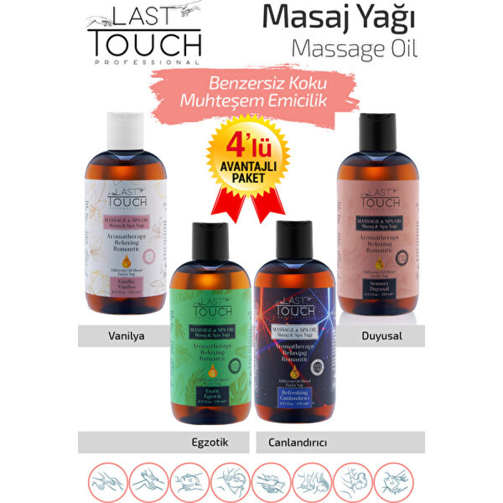 Last Touch Masaj Yağı Aromaterapi 4'Lü Seri Vanilya-Duyusal-Egzotik-Canlandırıcı Bitkisel Yağlar Fiyatı