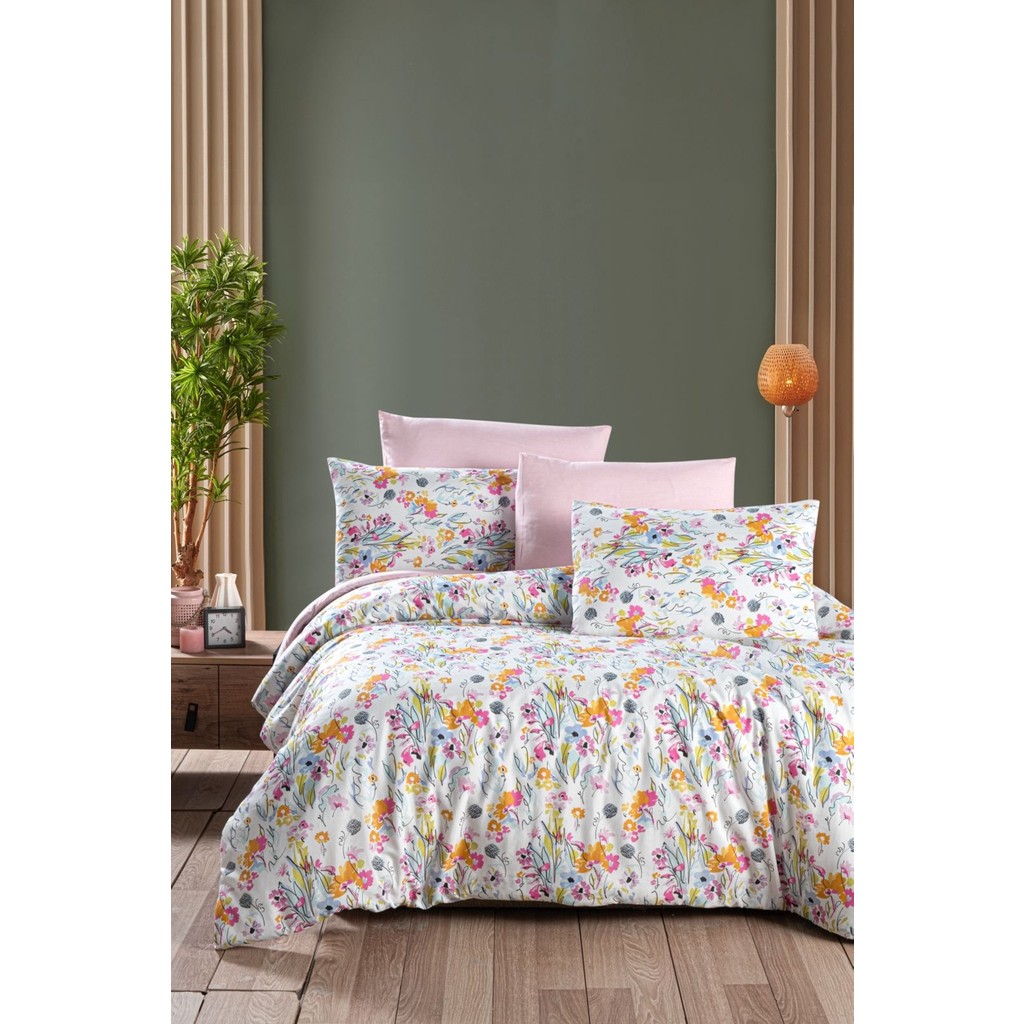 Lastikli Çarşaflı Çift Kişilik Nevresim Takımı Lily - Pembe - Yeşil - 200 x 220 cm Nevresim Takımı Fiyatı