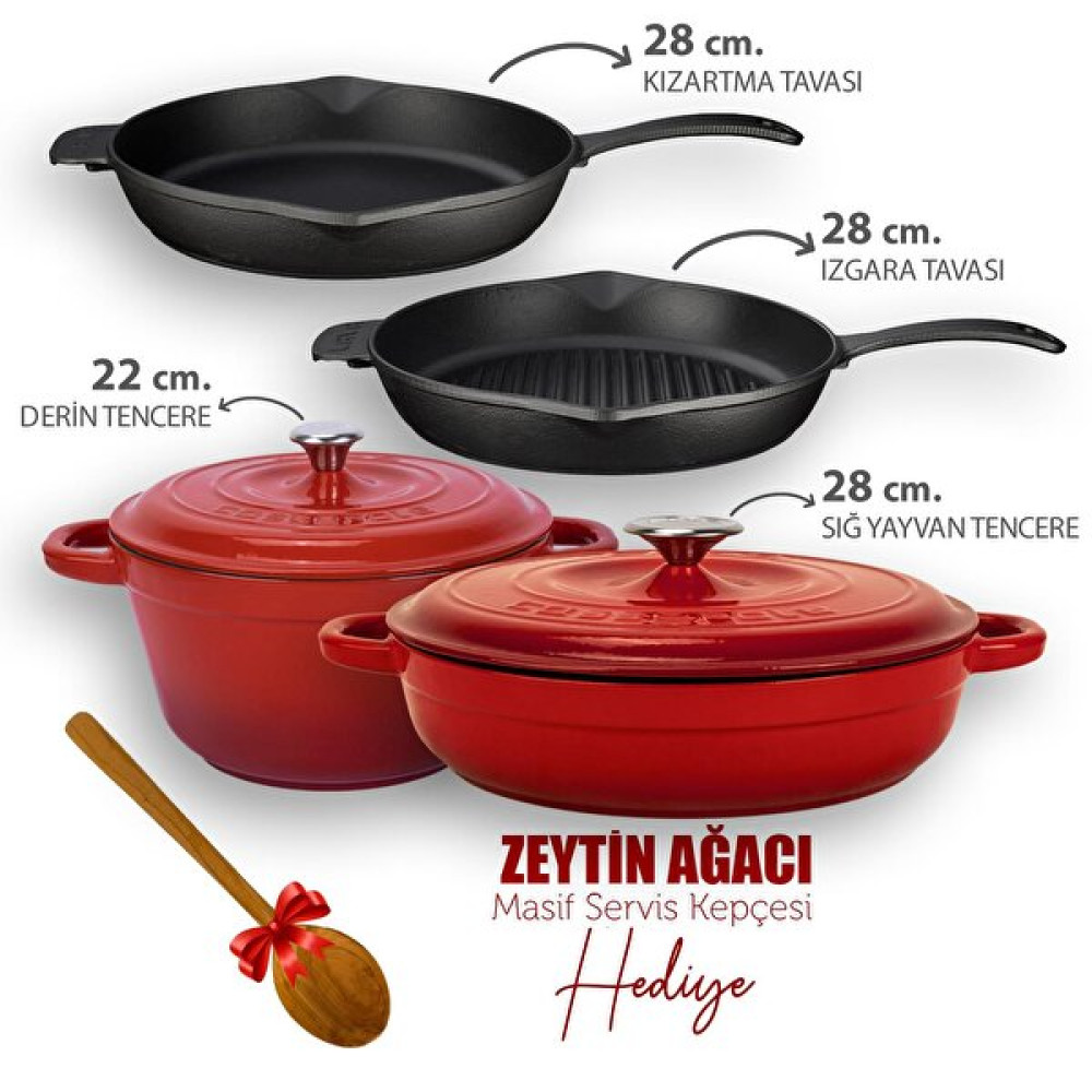 Lava 4x New Heritage Serisi Kırmızı Döküm Demir Tencere Tava Çeyiz Seti LV S ET K37 R Elektrikli Mutfak Aletleri Çeyiz Setleri Fiyatı
