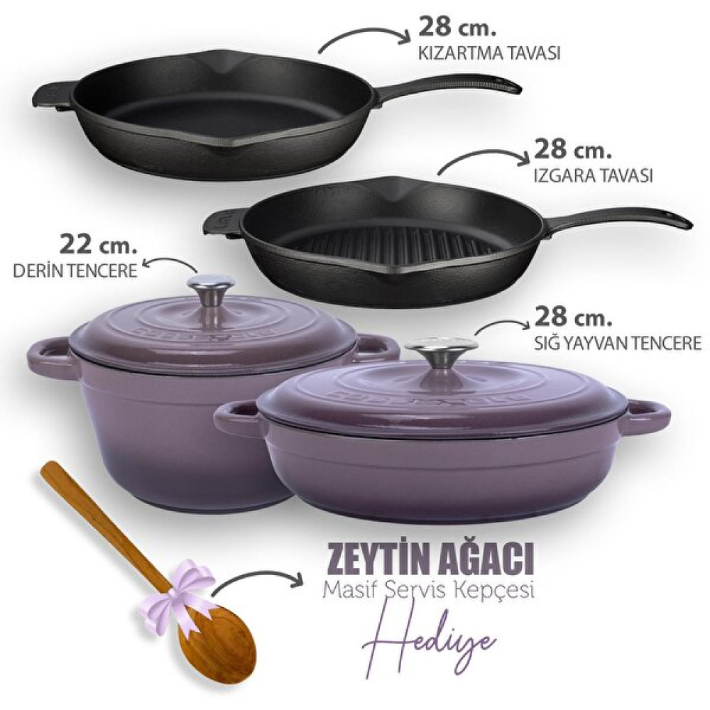 Lava 4x New Heritage Serisi Mor Döküm Demir Tencere Tava Çeyiz Seti LV S ET K37 P Elektrikli Mutfak Aletleri Çeyiz Setleri Fiyatı