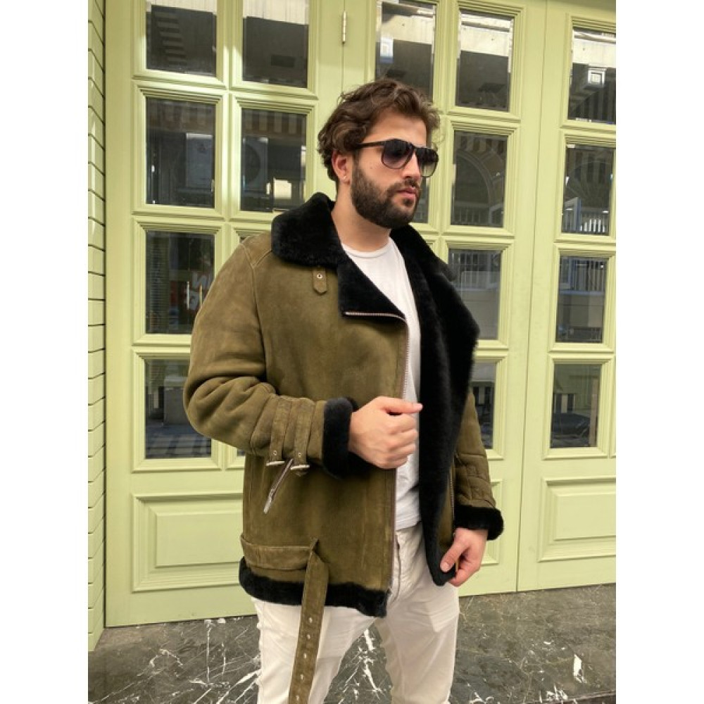 Lava Design Deri Ceket & Kürklü Ceket Erkek Pilot Model Koyu Yeşil Biker Ceket Erkek Ceket Fiyatı