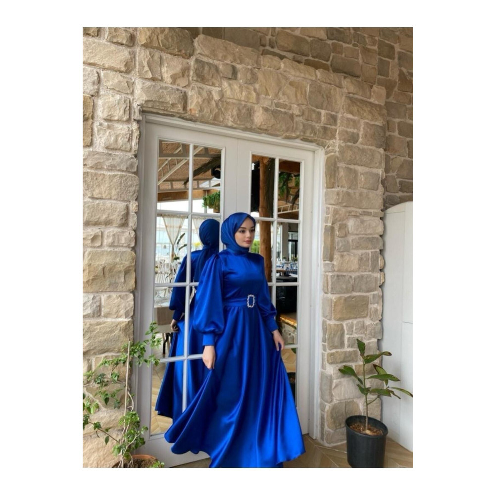 LAVENDEL Kadın Mavi Saten Kemerli Bellae Elbise 4 Beden Tesettür Giyim Fiyatı