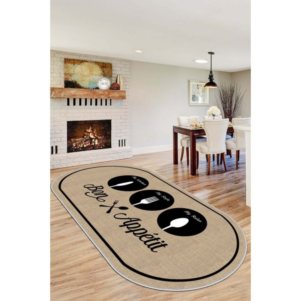 Lavita Home Dijital Baskı Makinede Yıkanabilir Kaymaz Taban Leke Tutmaz Bej Oval Mutfak Halısı ve Mutfak Yolluk - 40 x 60 cm - Bej - Siyah Salon Halısı Fiyatı