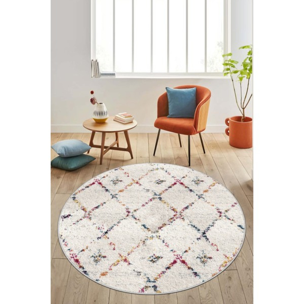 Lavita Home Dijital Baskı Yıkanabili Kaymaz Beyaz Yuvarlak Salon Halısı Mutfak Halısı Koridor Halısı ve Paspas - 100 x 100 cm - Bej - Beyaz Salon Halısı Fiyatı