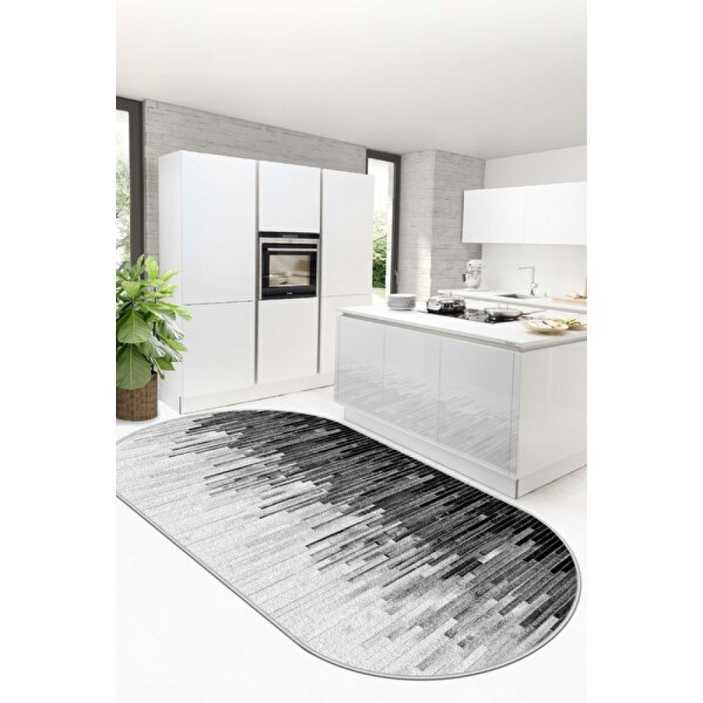 Lavita Home Dijital Baskı Yıkanabili Kaymaz Gri Oval Salon Halısı Mutfak Halısı Yolluk ve Paspas - 80 x 350 cm - Gri - Siyah Salon Halısı Fiyatı