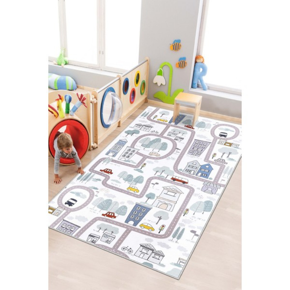 Lavita Home Makinede Yıkanabilir  Kaymaz Taban Dijital Baskı Yol Desenli Oyun Halısı  Çocuk Odası Halısı - 40 x 60 cm - Beyaz Bebek Odası Halı Fiyatı