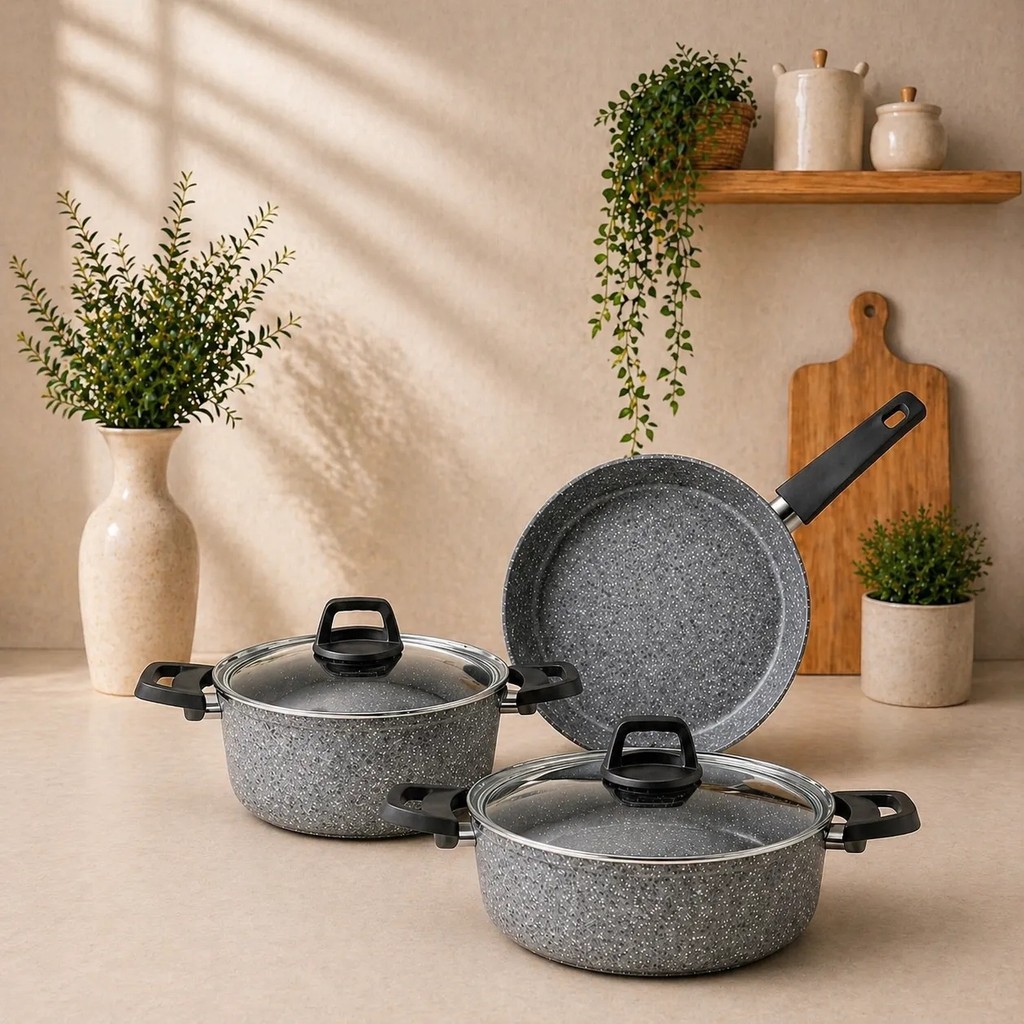 Lavonni Dark Stone 5 Parca Granit Ezme Tencere Seti - Gri -20 Derin-26 Basık - 26 Tava Tencereler Fiyatı