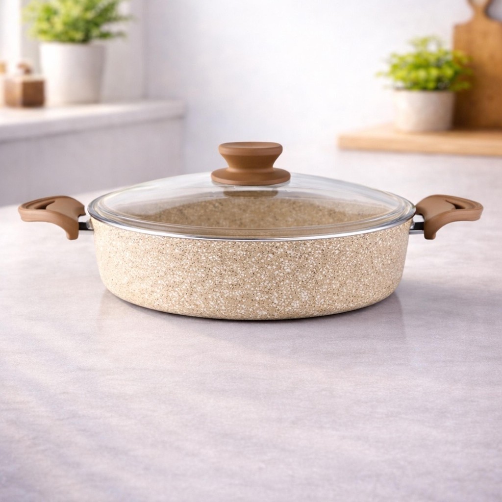 Lavonni Diez 24 Cm Granit Basık Tencere Cappucıno Yapışmaz Karnıyarık & Pilav Tenceresi Cam Kapaklı Tencere / Tava Setleri Fiyatı