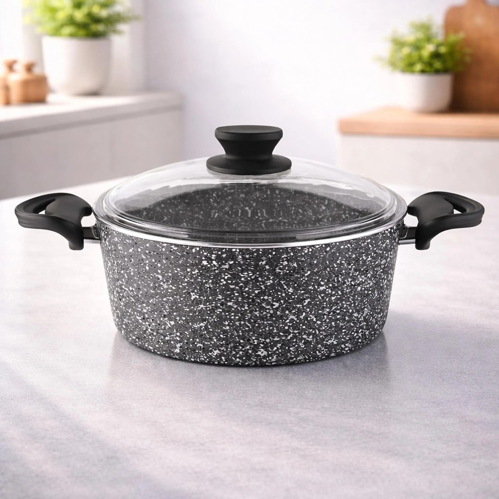 Lavonni Diez 28 Cm Granit Derin Tencere Gri Cam Kapaklı Yanmaz Yapışmaz Tencere / Tava Setleri Fiyatı