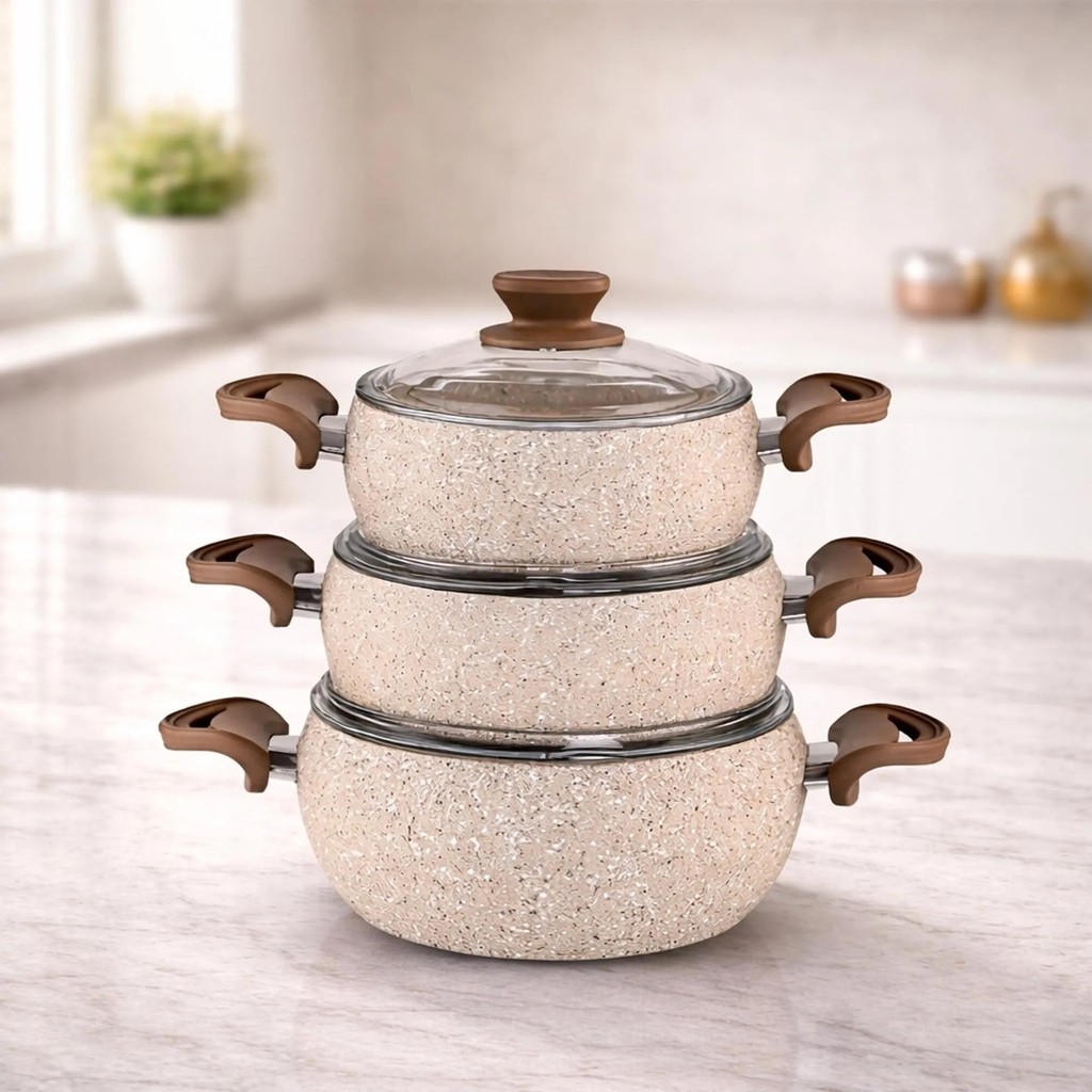 Lavonni Granit Pro 6 Parça Granit Tencere Seti Cappucino Alüminyum Malzeme 18/20/22 Ebatlar - Cappuccino Tencere / Tava Setleri Fiyatı