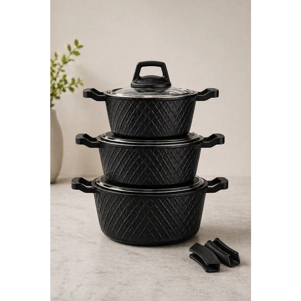 Lavonni OBSIDYEN 6 Parça Döküm Granit Tencere Seti - Siyah 16/18/20 Cm Tencere / Tava Setleri Fiyatı