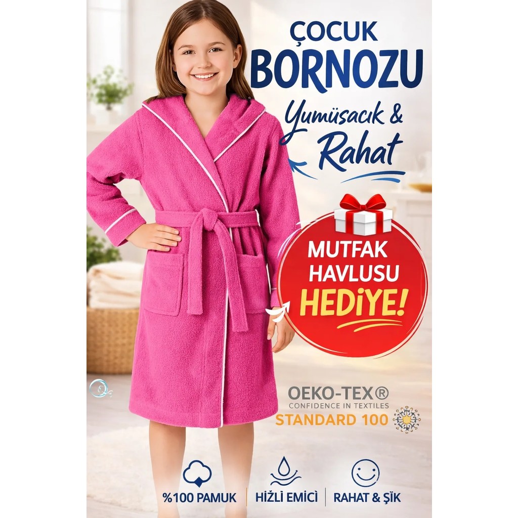 Layvera Çocuk Bornoz | %100 Pamuklu-Fuşya-Yumuşak Doku-Kapüşonlu-Cepli-Biyeli - 5 - 6 Yaş - Fuşya Diğer Fiyatı