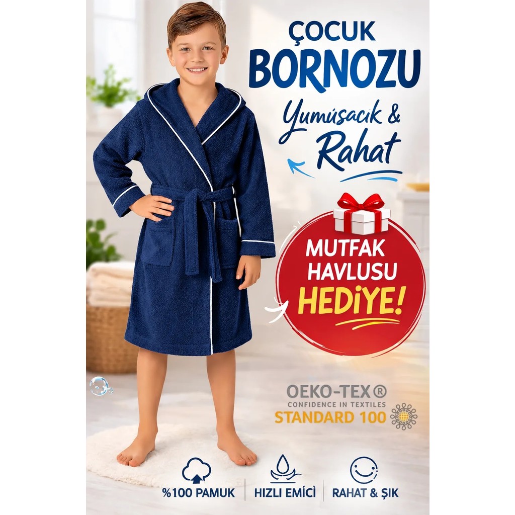 Layvera Çocuk Bornoz | %100 Pamuklu-Lacivert-Yumuşak Doku-Kapüşonlu-Cepli-Biyeli - 5 - 6 Yaş - Lacivert Diğer Fiyatı
