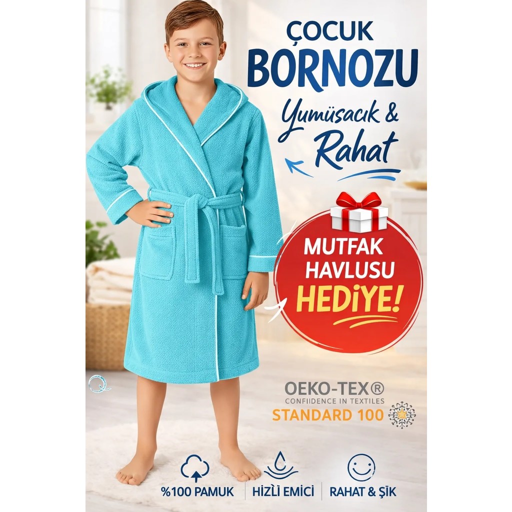 Layvera Çocuk Bornoz | %100 Pamuklu-Turkuaz-Yumuşak Doku-Kapüşonlu-Cepli-Biyeli - 9 - 10 Yaş - Turkuaz Diğer Fiyatı