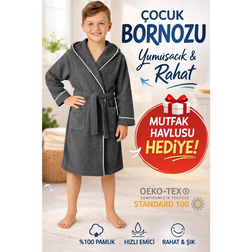 Layvera Çocuk Bornoz 5-6 Yaş | %100 Pamuklu-Antrasit-Yumuşak Doku-Kapüşonlu-Cepli-Biyeli - 5 - 6 Yaş - Antrasit Diğer Fiyatı