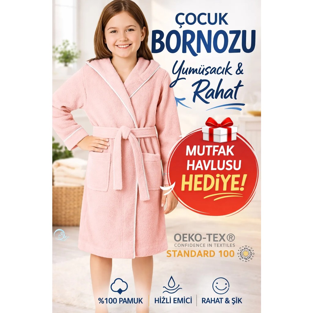 Layvera Çocuk Bornoz Pembe 5-6 Yaş | %100 Pamuklu-Pembe-Yumuşak Doku-Kapüşonlu-Cepli-Biyeli - 5 - 6 Yaş Diğer Fiyatı