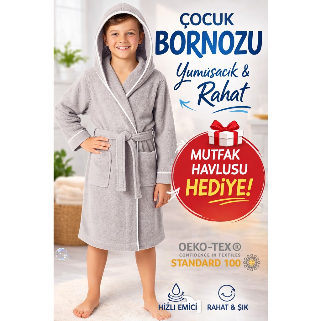 Layvera Çocuk Bornozu Gri | %100 Pamuklu-Gri-Yumuşak Doku-Kapüşonlu-Cepli-Biyeli - 5 - 6 Yaş Diğer Fiyatı