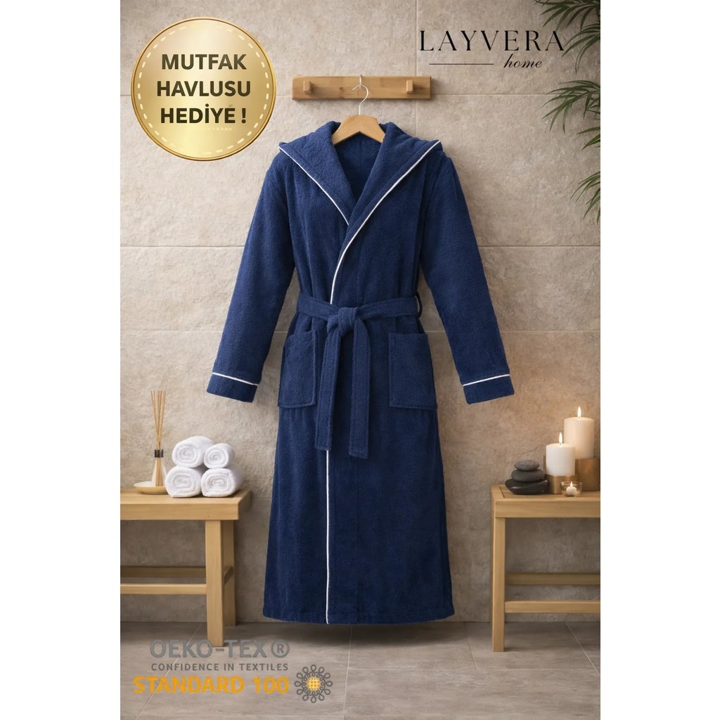 Layvera Lacivert Erkek-Kadın Bornoz | %100 Pamuk-Kapüşonlu-Biyeli-Cepli - 2XL Diğer Fiyatı