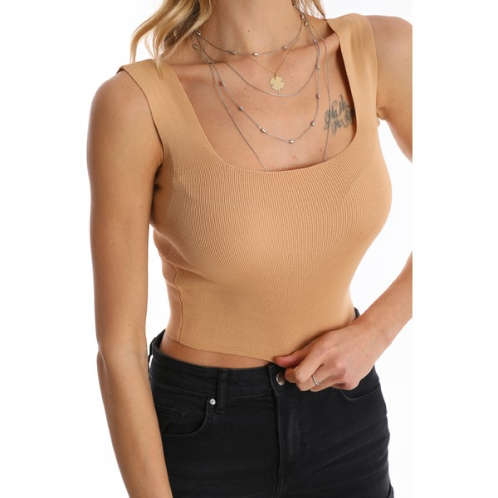 LB Laluna Butik Kadın Bej Kare Yaka Kalın Askılı Bluz Triko Bluz Fiyatı