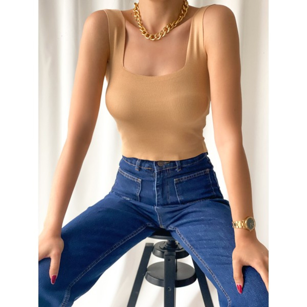 LB Laluna Butik Kadın Bej Kare Yaka Triko Crop Bluz Bluz Fiyatı