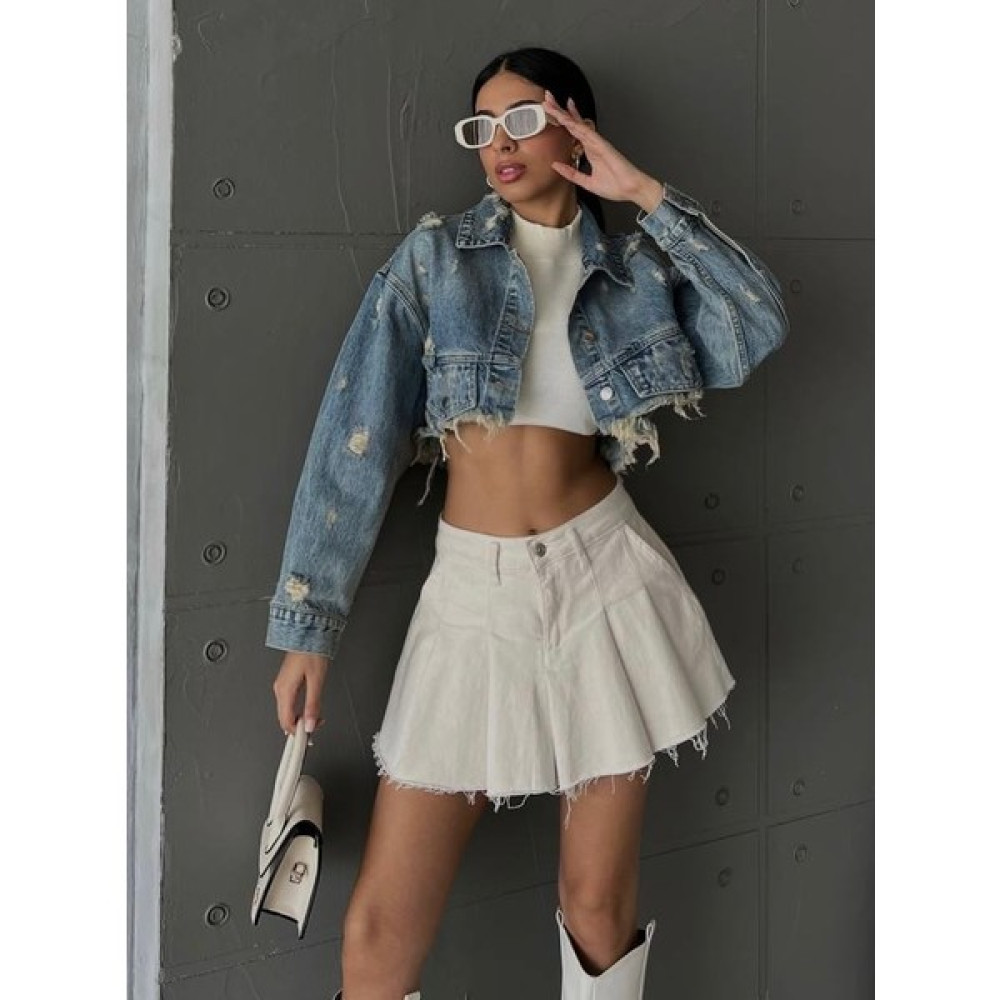 LB Laluna Butik Kadın Denim Yırtık Detaylı Eskitmeli Oversize Crop Kot Ceket Bayan Ceket Fiyatı