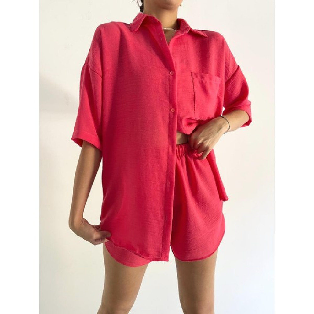 Lb Laluna Butik Kadın Pembe Keten Kumaş Oversize Gömlek Şort Takımı Bayan Şort Fiyatı