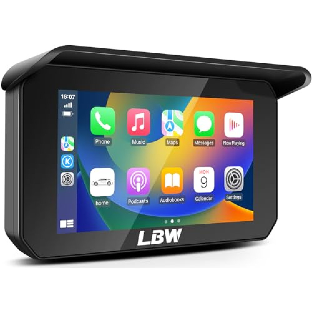 LBW Upgrade Portable Wireless Apple Carplay & Android Auto Screen for Motorcycle, Navigation GPS 5 Inch IPS Touch Screen, Bluetooth, Waterproof Stereo for Motorbike, Support Siri and Google Assistant