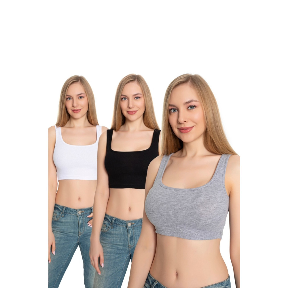 ld lidya underwear Kadın Gri Siyah Beyaz 3lü Paket Askılı Crop Örme Büstiyer Bluz S/M Beden Bluz Fiyatı