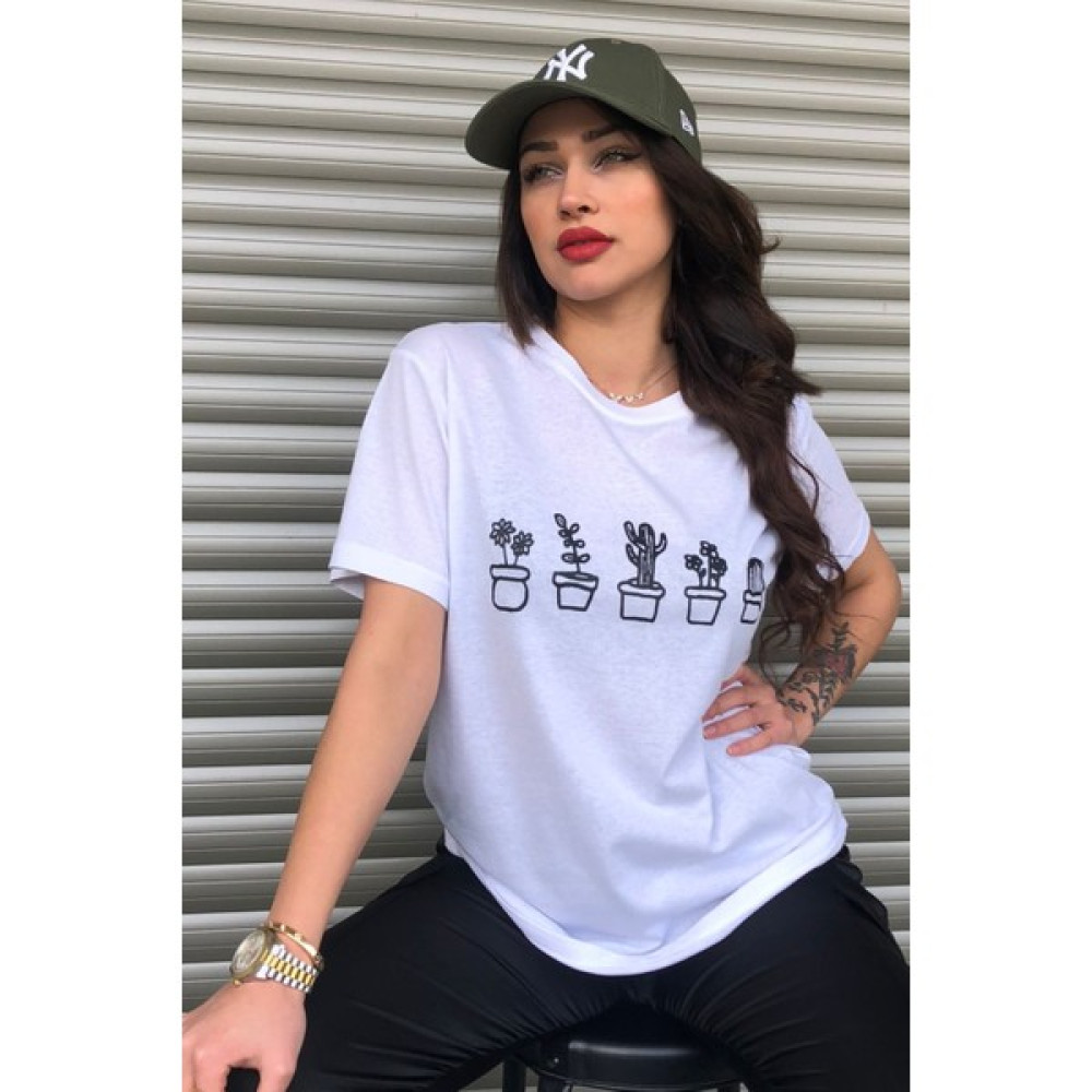 Le Dress Kadın Beyaz Oversize Kaktüs Baskılı Tişört Bayan T-shirt Fiyatı